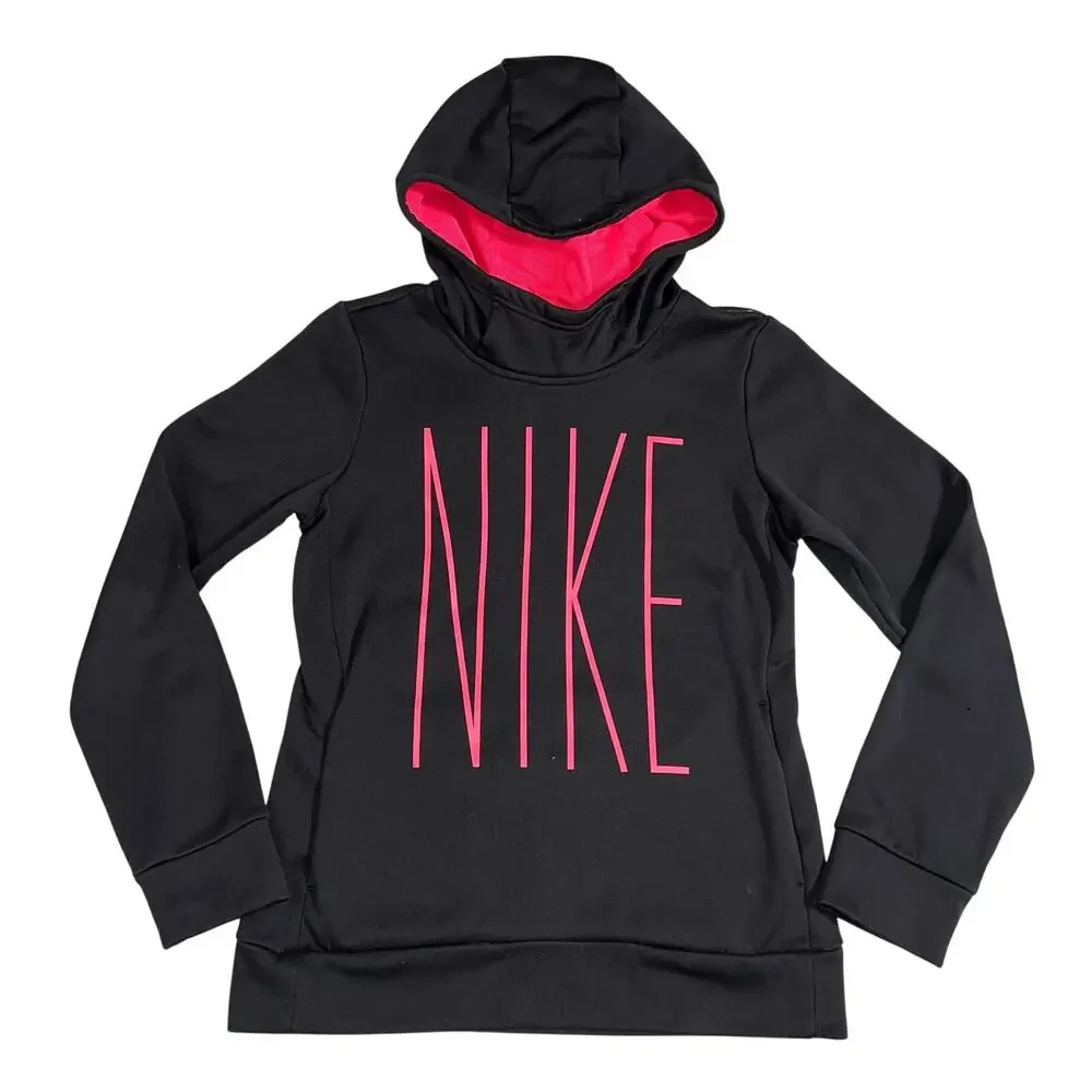 Nike Girls Dri Fit Hoodie Hooded Athletic Sweatshirt Pullover Black Pink Large